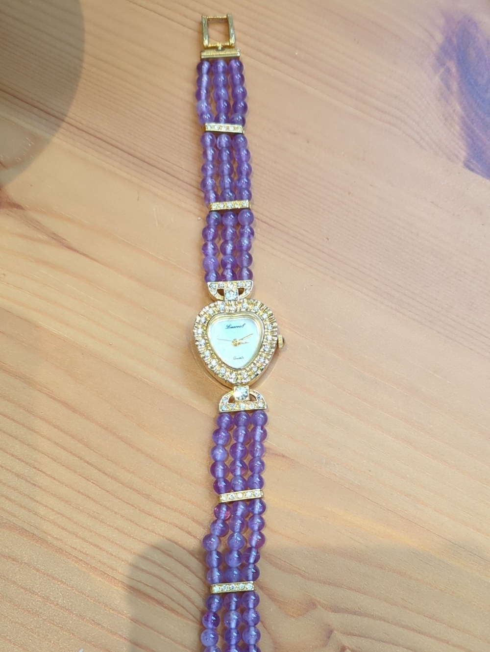 Vintage Gold-Tone Heart Watch Bracelet with Amethyst Beaded Strap